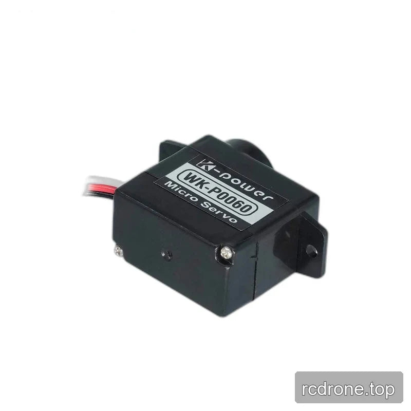 Tilted black micro servo showing lower casing screws, WK-P0060 label, wire leads, and a mounting tab.