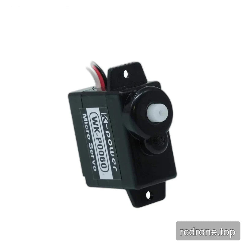 Black micro servo with white output shaft facing forward, upper and lower mounting tabs, and red, white, and black leads.
