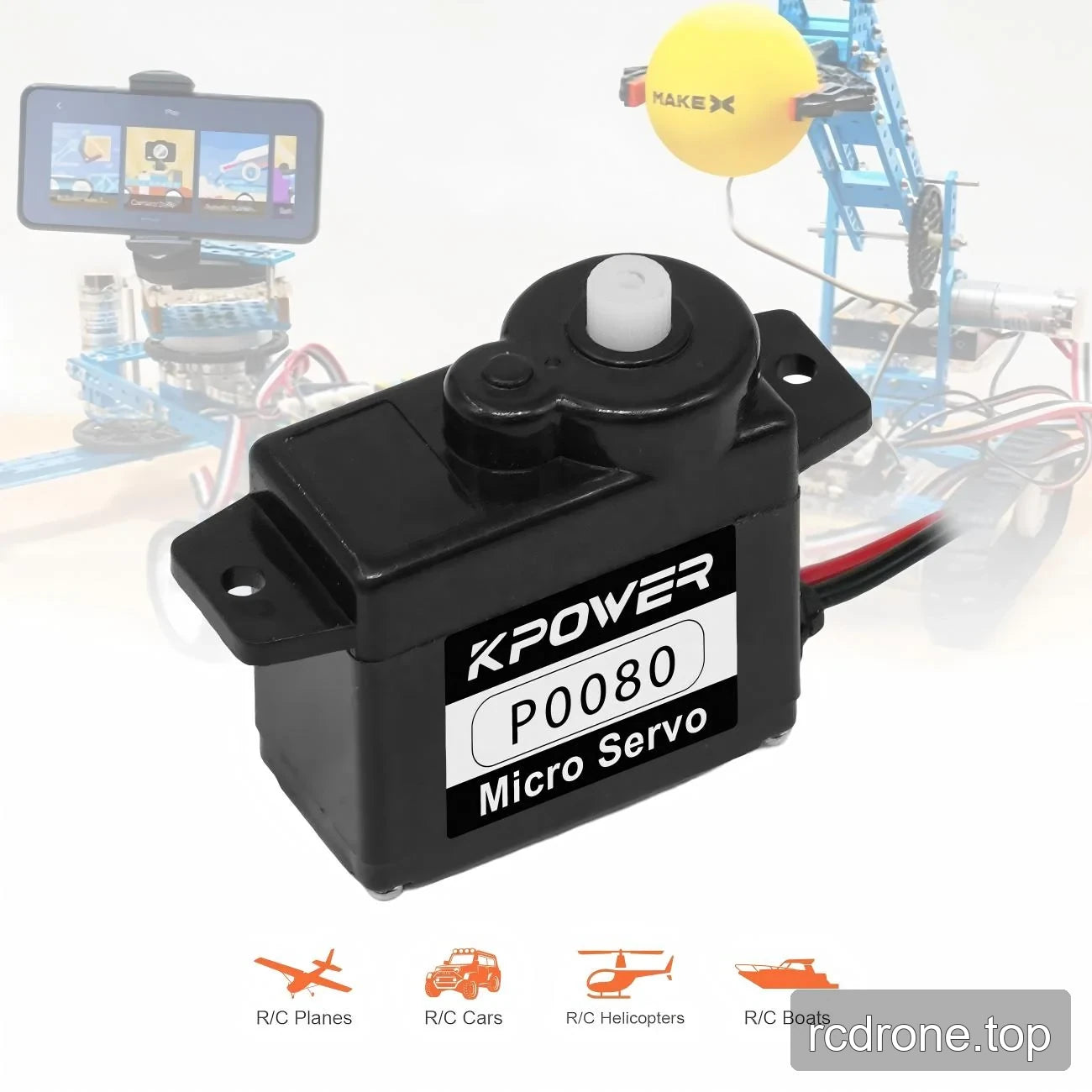 Kpower P0080 servo with mounting tabs and RC plane, car, helicopter and boat application icons
