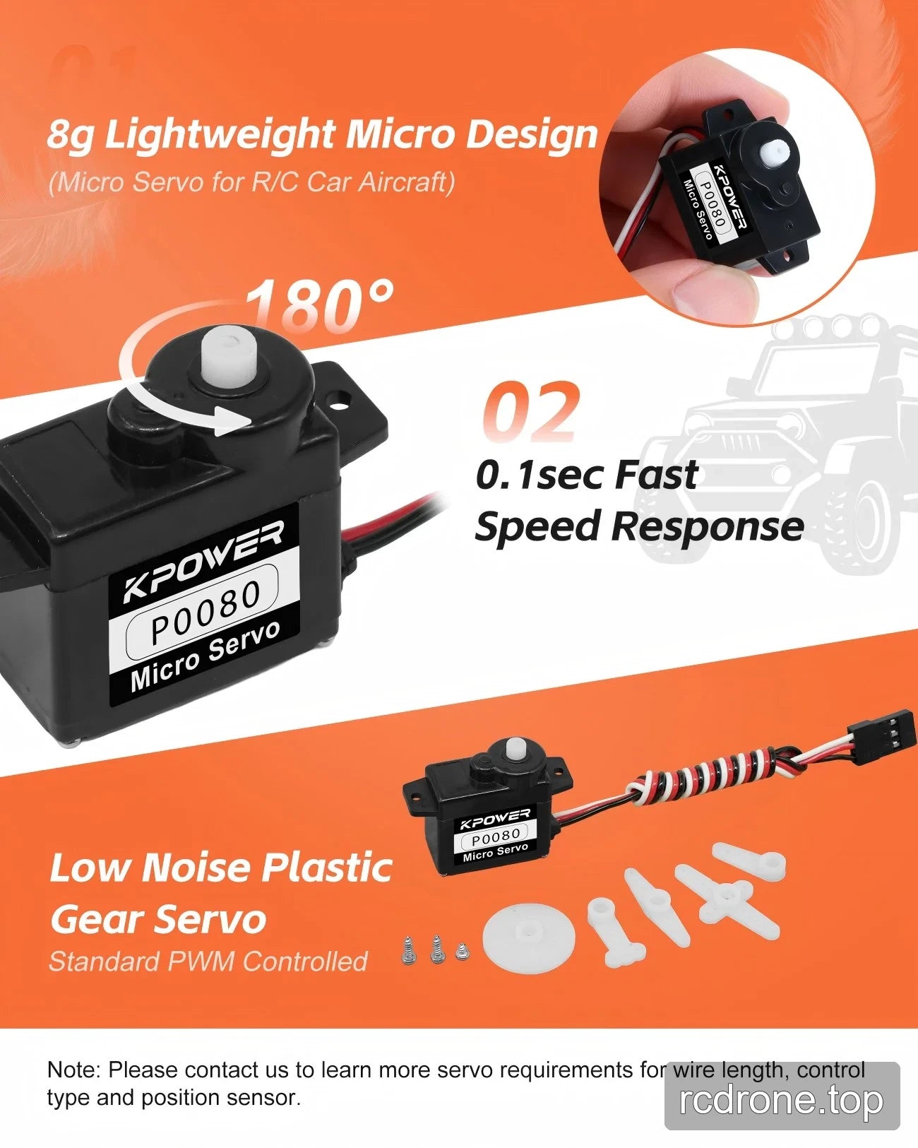 P0080 feature graphic with three-wire connector, servo horns and screws