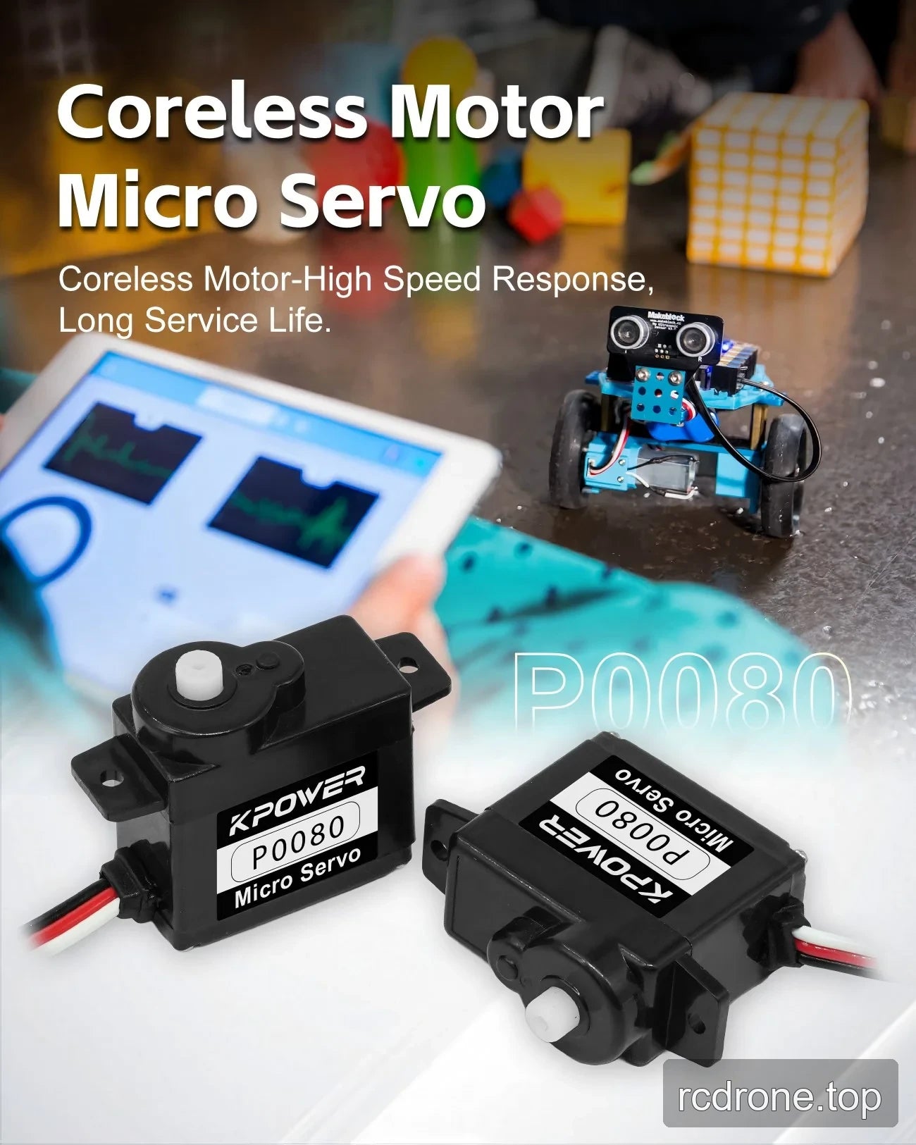 Two P0080 servo views with coreless-motor label and educational robot scene
