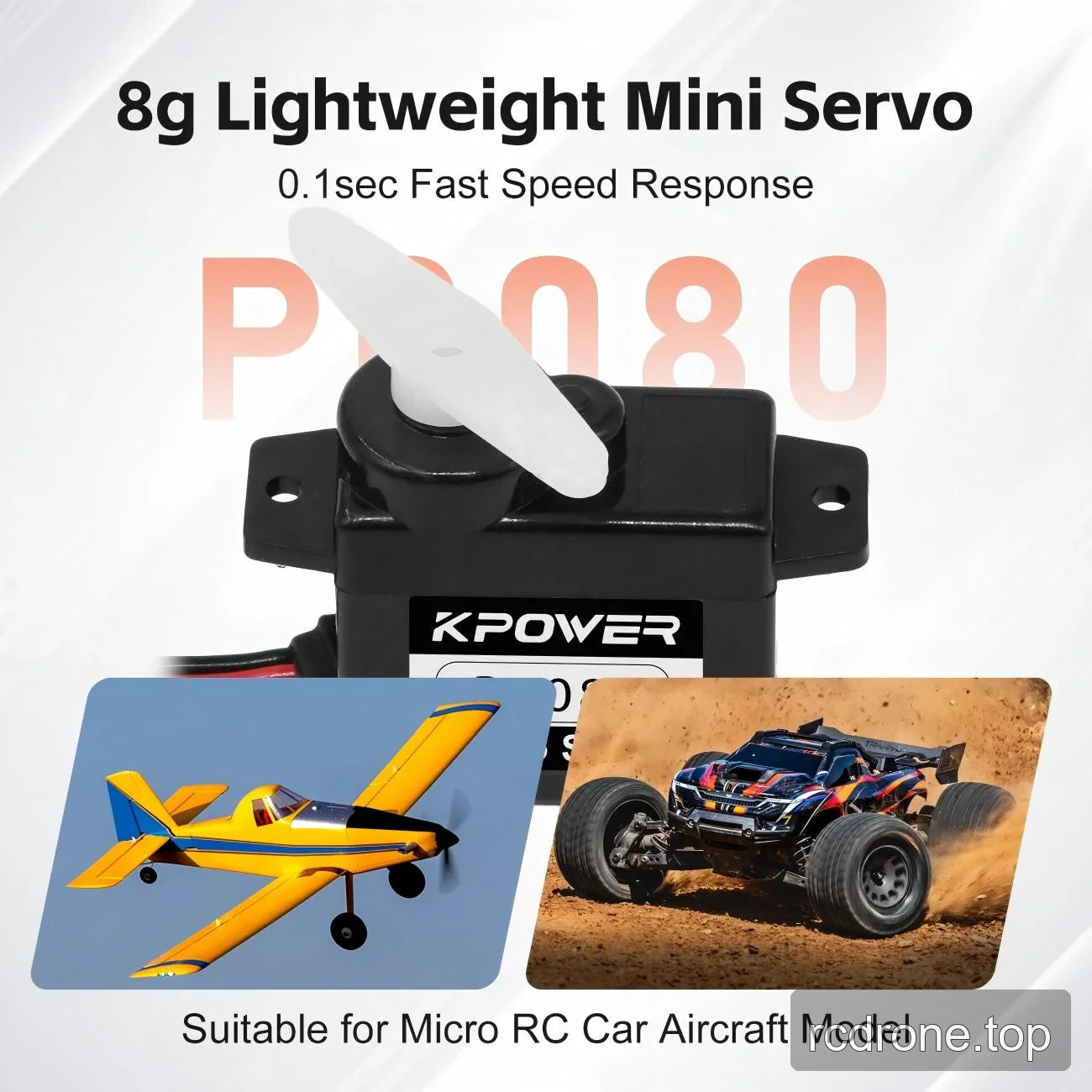 P0080 servo with white horn beside RC airplane and off-road car examples