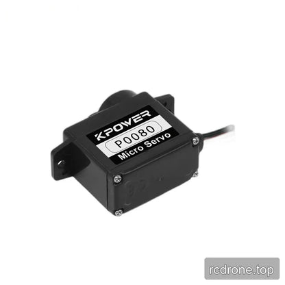 Angled view of the black P0080 servo showing its bottom cover with four corner screws, side label, and mounting tabs.