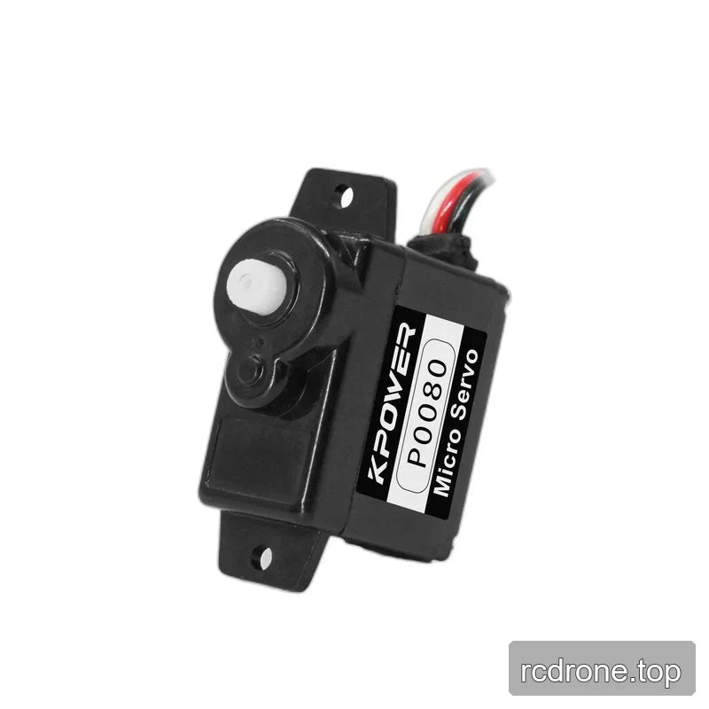 Diagonally tilted black servo showing the white output shaft, top housing, mounting holes, and red, white, and black wires.