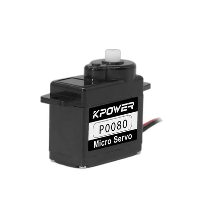 Black P0080 micro servo standing upright with a white output shaft, labeled casing, and side mounting tabs.