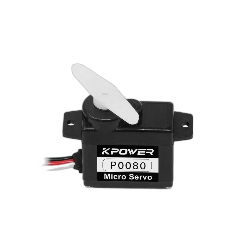 Black micro servo with a white two-arm horn fitted on top, front P0080 label, and mounting holes on both sides.