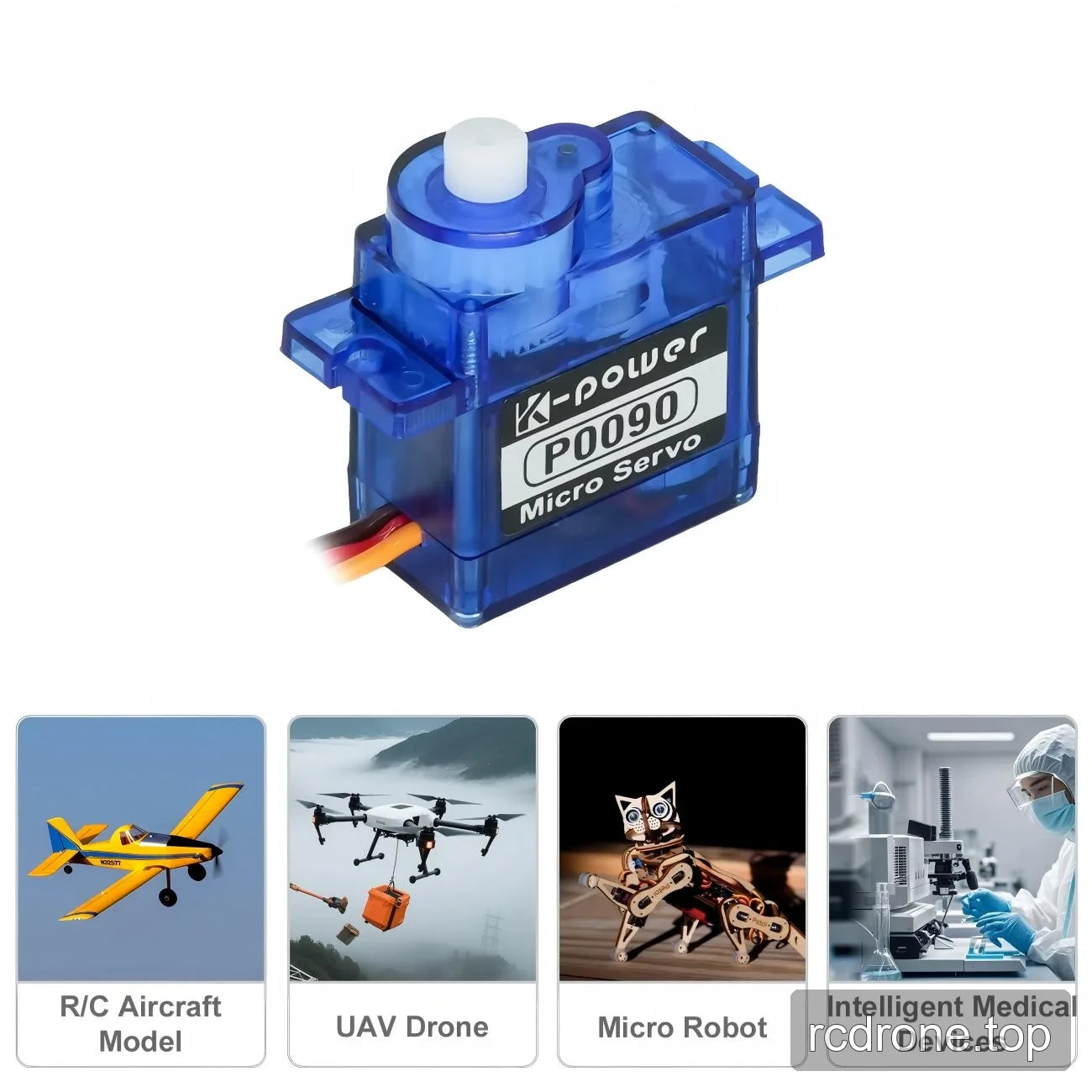 Blue P0090 micro servo with aircraft, UAV, micro robot and medical-device application labels
