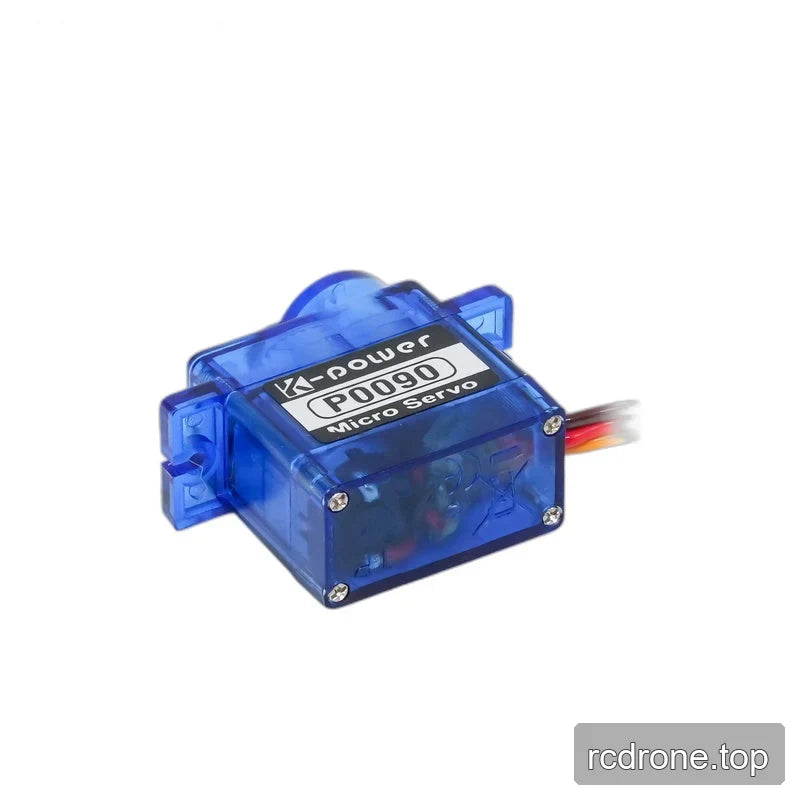 Blue P0090 servo viewed from below, showing the translucent bottom cover, four corner screws, and wires extending right.