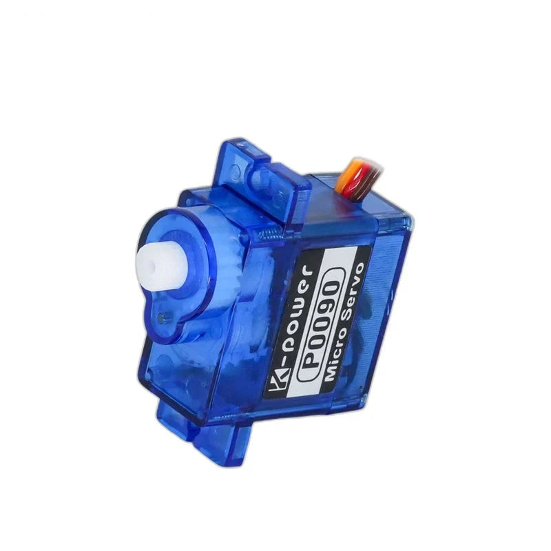 Blue micro servo in a tilted view with its white shaft pointing left, visible P0090 label, and colored wire lead.