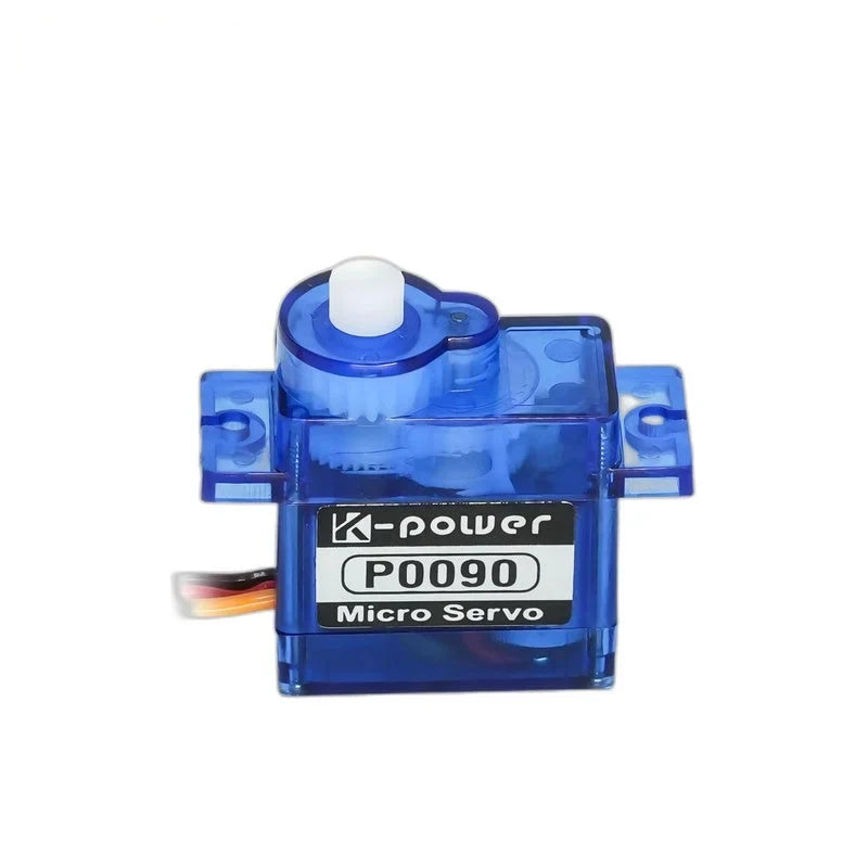Translucent blue P0090 micro servo shown upright with white output shaft, front label, and side mounting tabs.