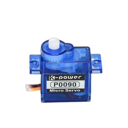 Translucent blue P0090 micro servo shown upright with white output shaft, front label, and side mounting tabs.