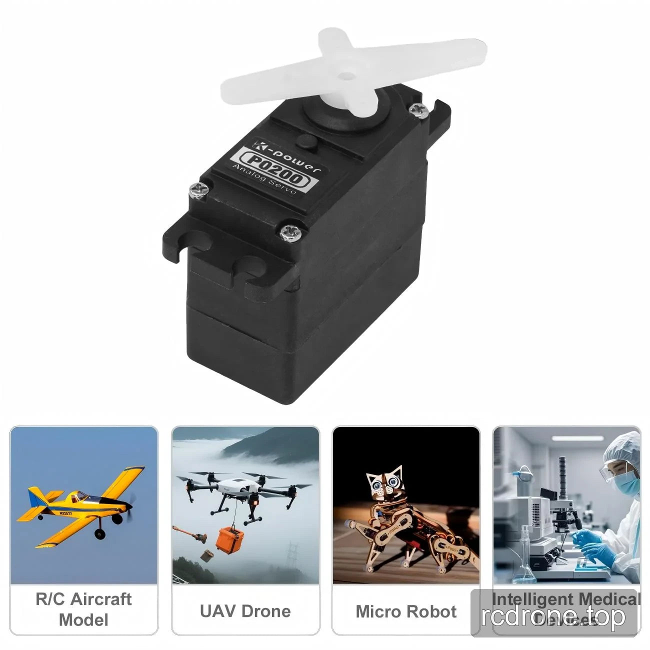 P0200 with white cross-shaped horn and aircraft, drone, robot and medical device application panels
