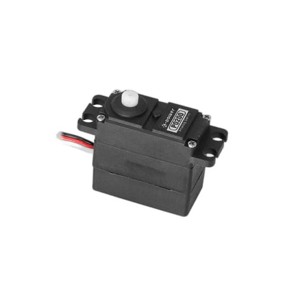 Black servo viewed from above, showing the broad casing side, P0200 label, white output shaft, and slotted mounting tabs.
