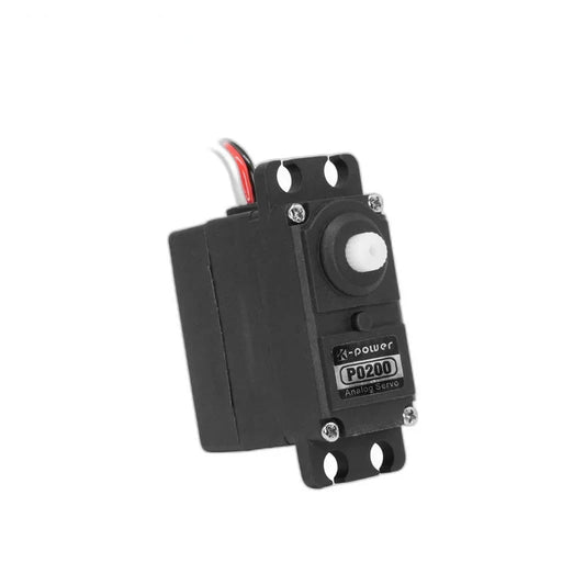 Black P0200 analog servo in an upright angled view, with white output shaft, front label, mounting tabs, and wires.
