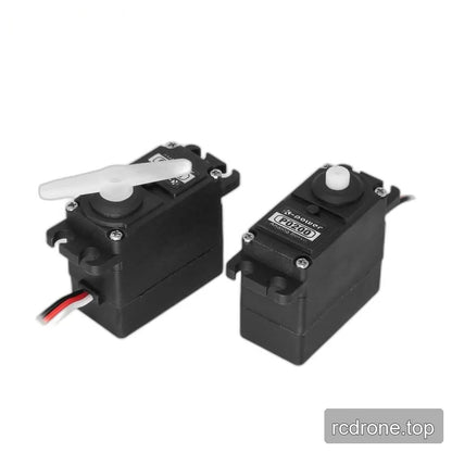Two black P0200 servos side by side, one with a translucent double-arm horn and the other with a bare white output shaft.