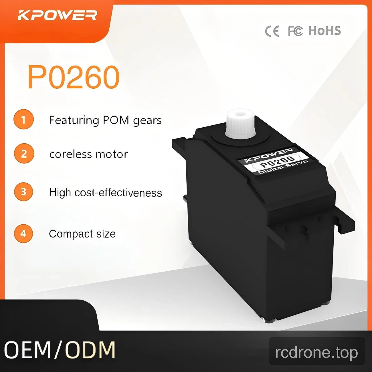 Kpower P0260 digital servo with POM gear and coreless motor feature labels