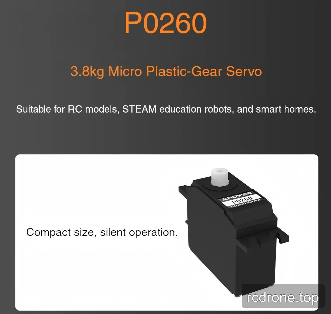P0260 micro plastic-gear servo with RC model, STEAM robot and smart-home application labels