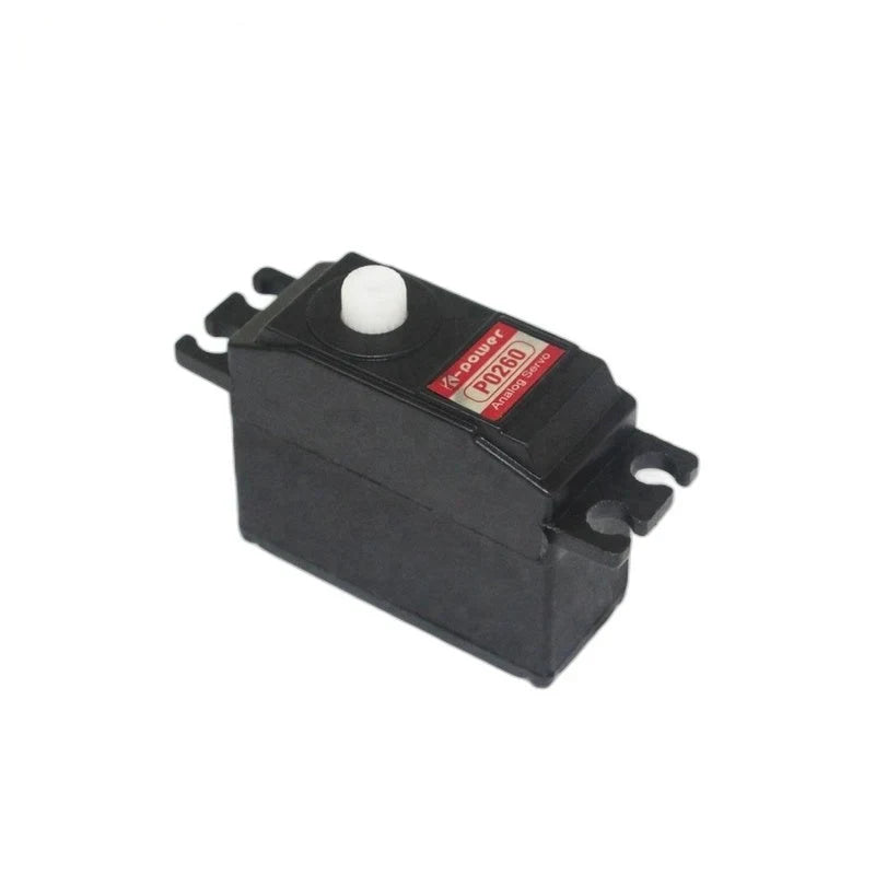 Black Kpower P0260 servo viewed from above, showing its white output shaft, red label, and slotted mounting tabs.