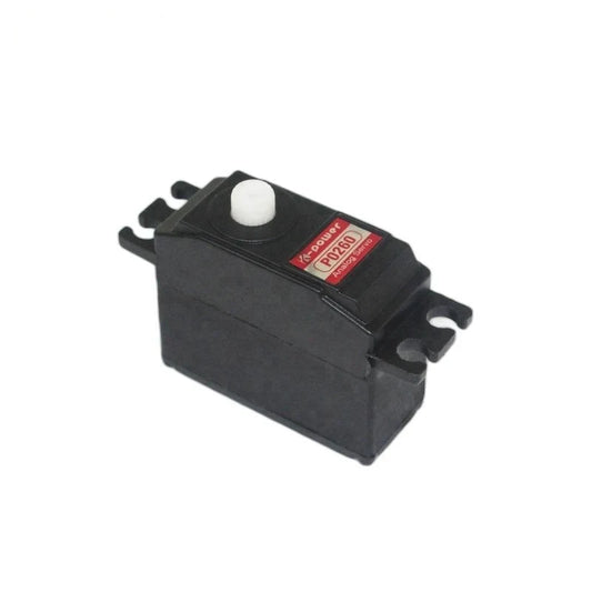 Black Kpower P0260 servo viewed from above, showing its white output shaft, red label, and slotted mounting tabs.