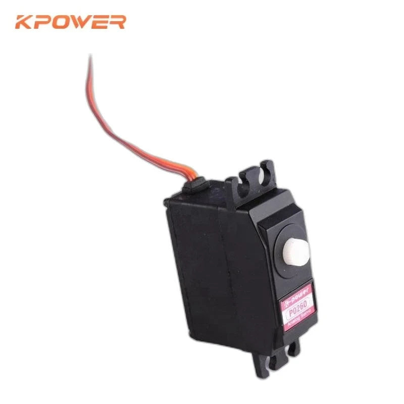 Upright black servo with a white output shaft, P0260 label, mounting tabs, and three-color cable extending upward.