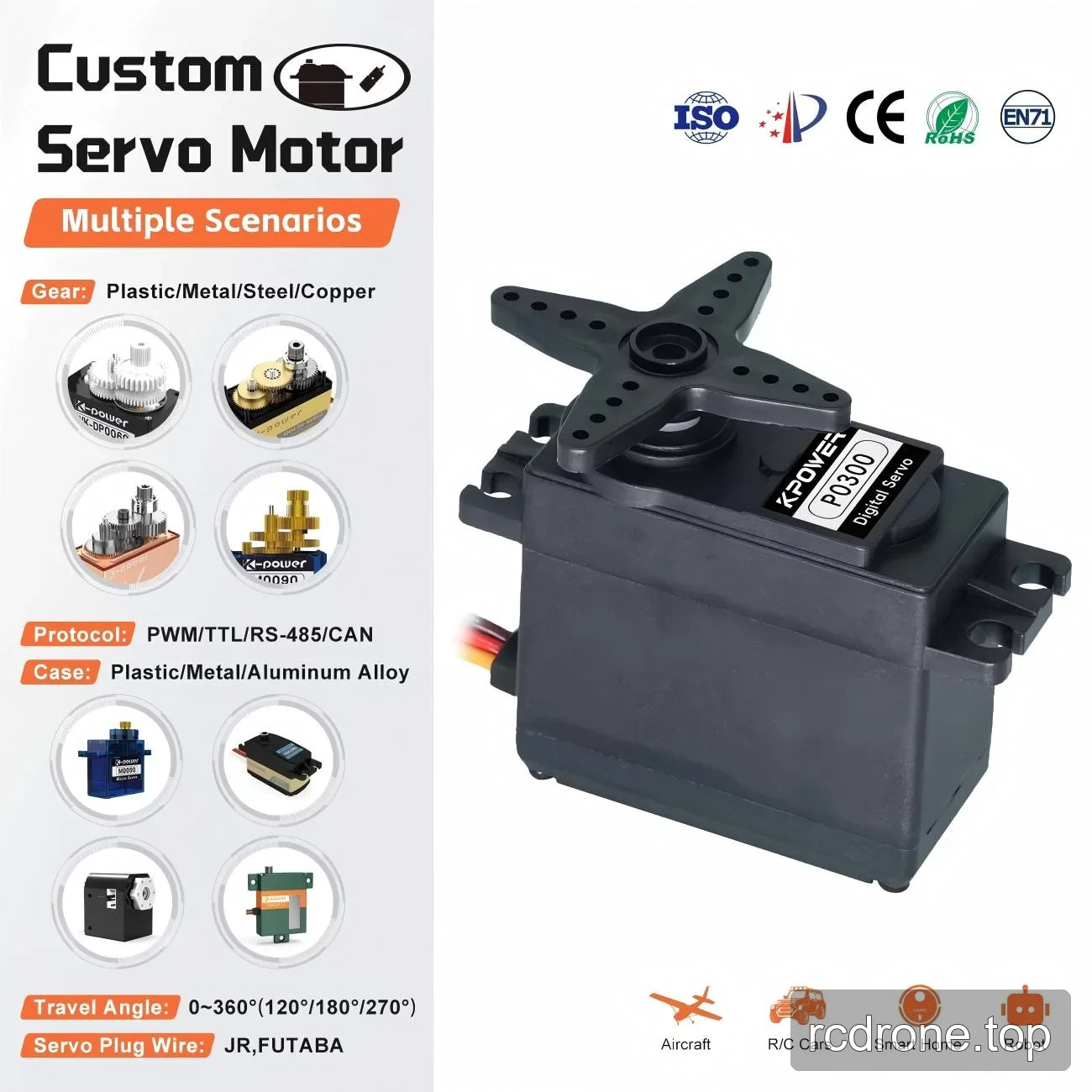 P0300 digital servo with cross-shaped horn beside a generic servo customization overview