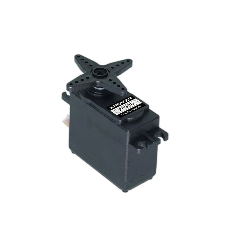 Black Kpower P0300 servo with a four-arm horn attached, shown at an elevated angle with mounting tabs visible.
