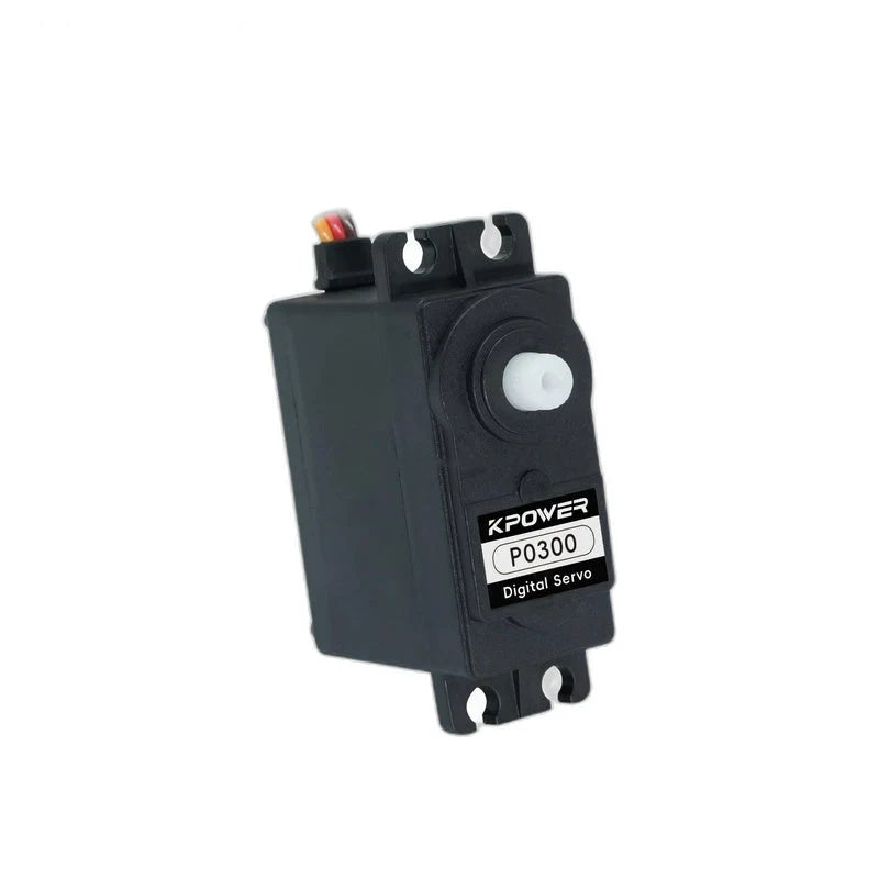 Kpower P0300 servo shown upright with an exposed white output shaft, readable model label, and slotted mounting tabs.