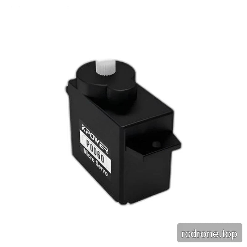 Compact black servo labeled P0060 Micro Servo on its side, with a raised shaft housing and white output shaft.