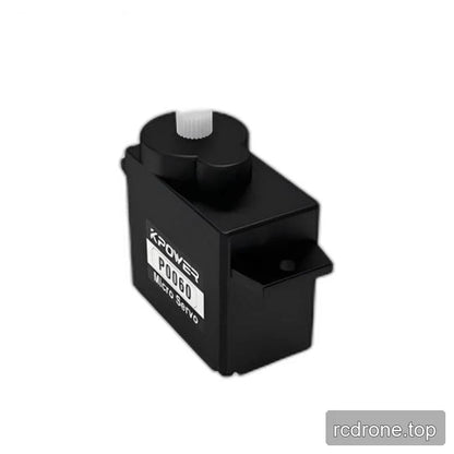 Compact black servo labeled P0060 Micro Servo on its side, with a raised shaft housing and white output shaft.