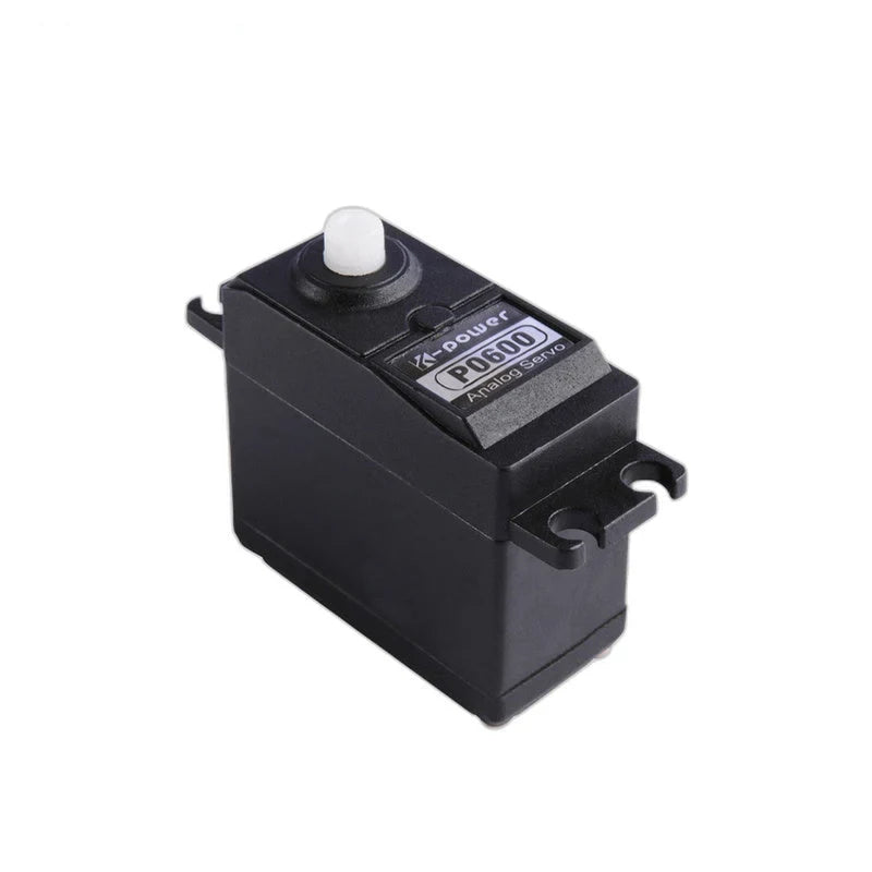 Black servo labeled P0600 Analog Servo, showing its white output shaft and slotted mounting tabs.