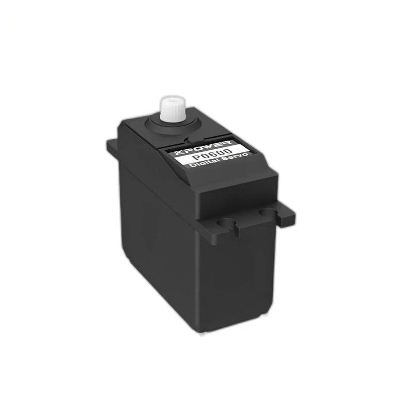 Black servo with a P0600 Digital Servo label on top, white output shaft, and mounting tabs.
