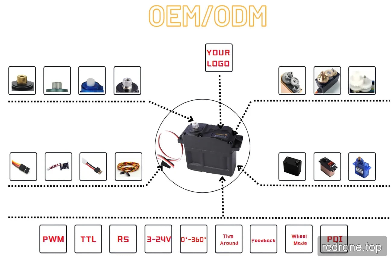 Generic servo customization diagram covering shafts, gears, cables, housings and controls