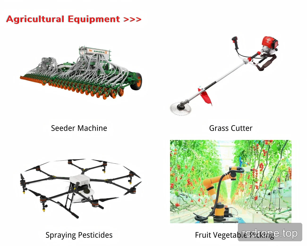 Agricultural servo examples with seeding, grass cutting, spraying and produce picking