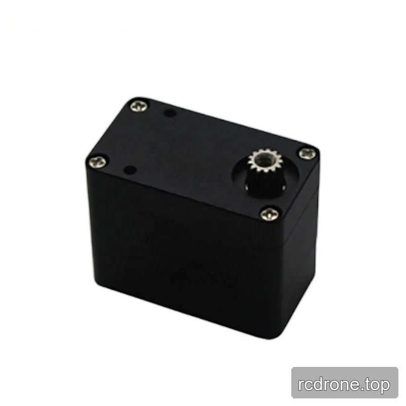 Black servo with a flat top plate, two small holes, four screws, and a dark output shaft with a silver toothed rim.