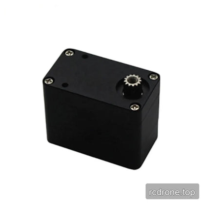 Black servo with a flat top plate, two small holes, four screws, and a dark output shaft with a silver toothed rim.
