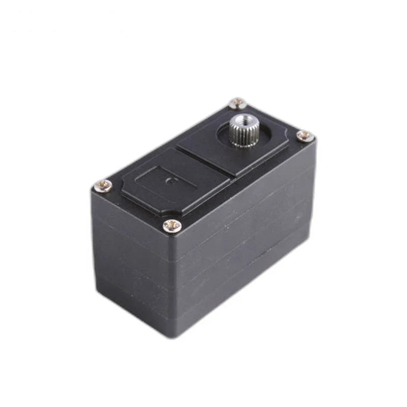 Black servo with a silver splined shaft at the upper right, raised top plates, and four corner screws.