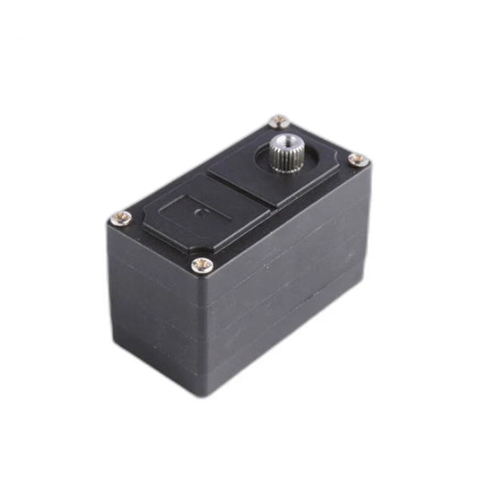 Black servo with a silver splined shaft at the upper right, raised top plates, and four corner screws.