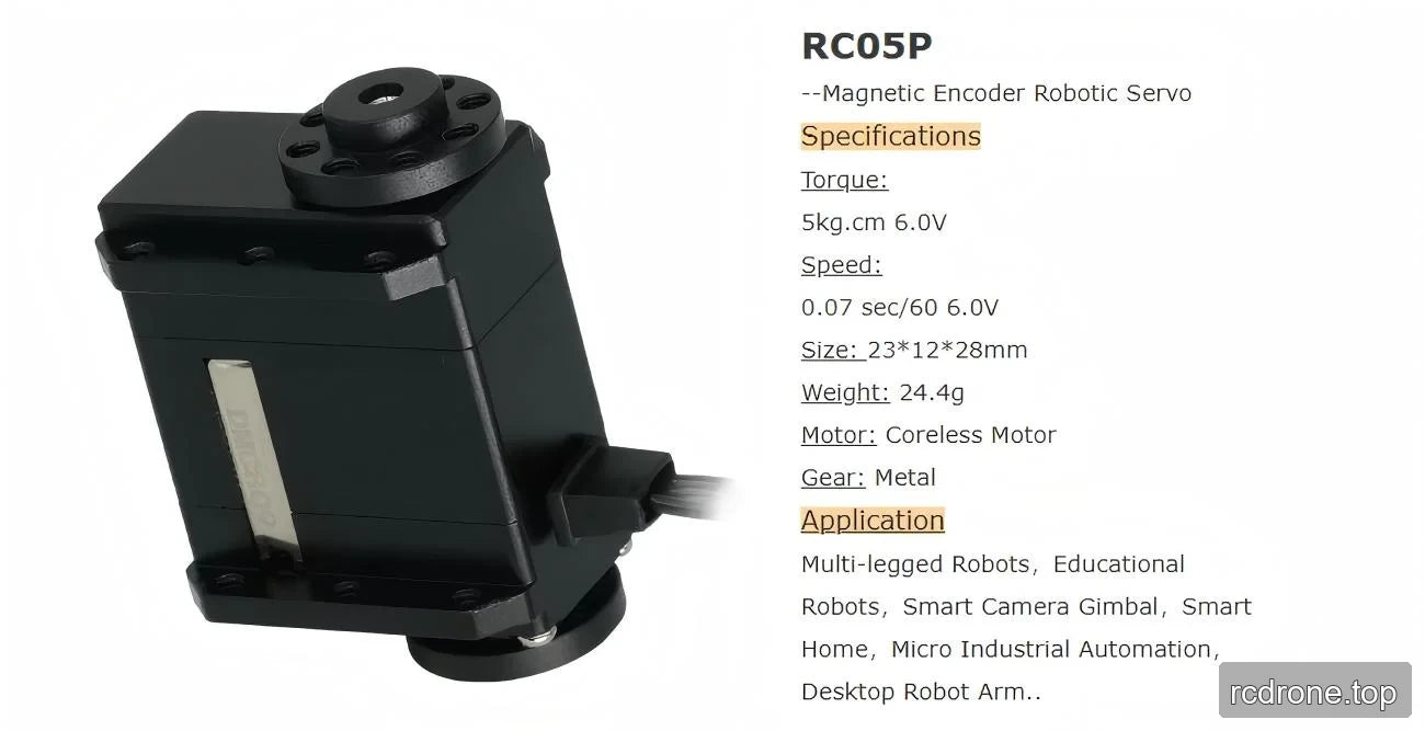 Kpower RC05P black robotic servo with specifications and application labels