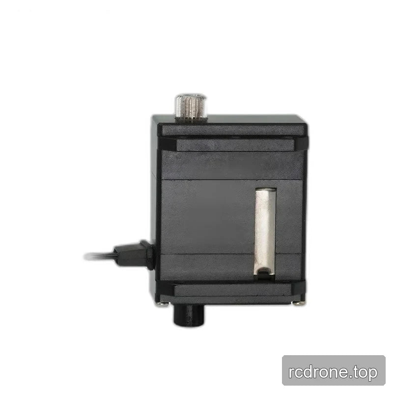 Side view of the black servo with exposed silver splined shaft, vertical silver strip, mounting rails, and left cable exit.
