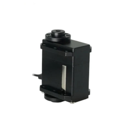 Black servo motor standing upright with circular end fittings, mounting rails, a silver side strip, and left cable exit.