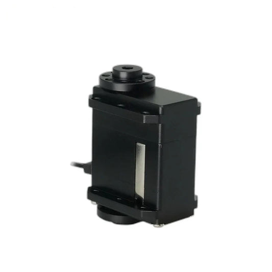 Black servo motor standing upright with circular end fittings, mounting rails, a silver side strip, and left cable exit.