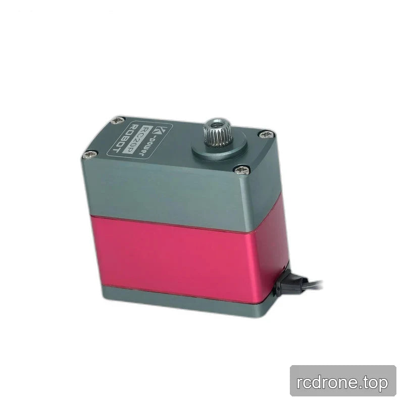 Angled RC20P servo with exposed splined shaft, labeled top plate, four screws, red casing, and side cable.