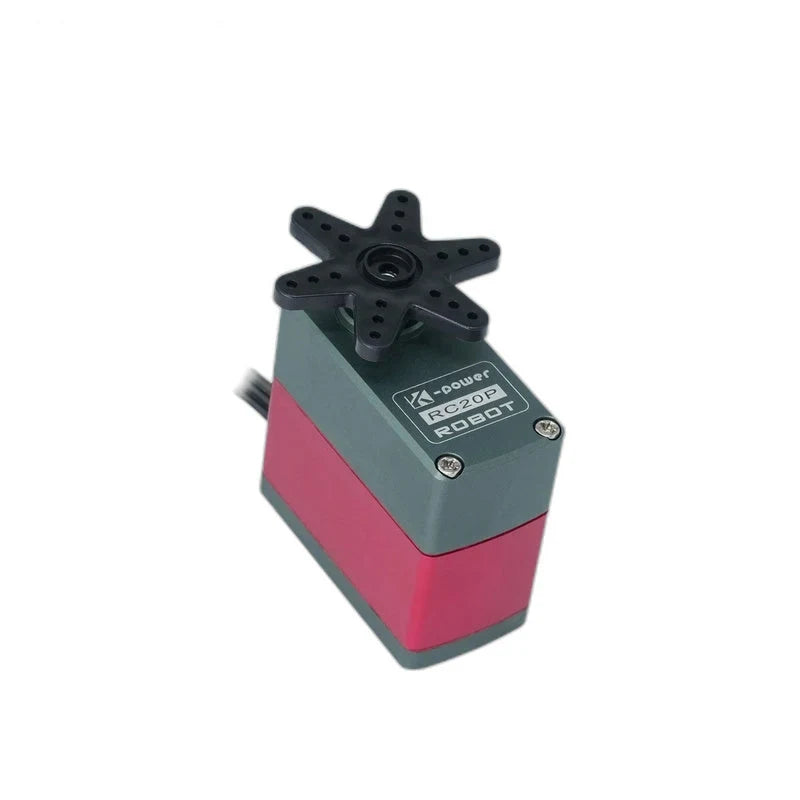 Gray-green and red RC20P servo shown at an angle with a black six-arm horn and visible model label.