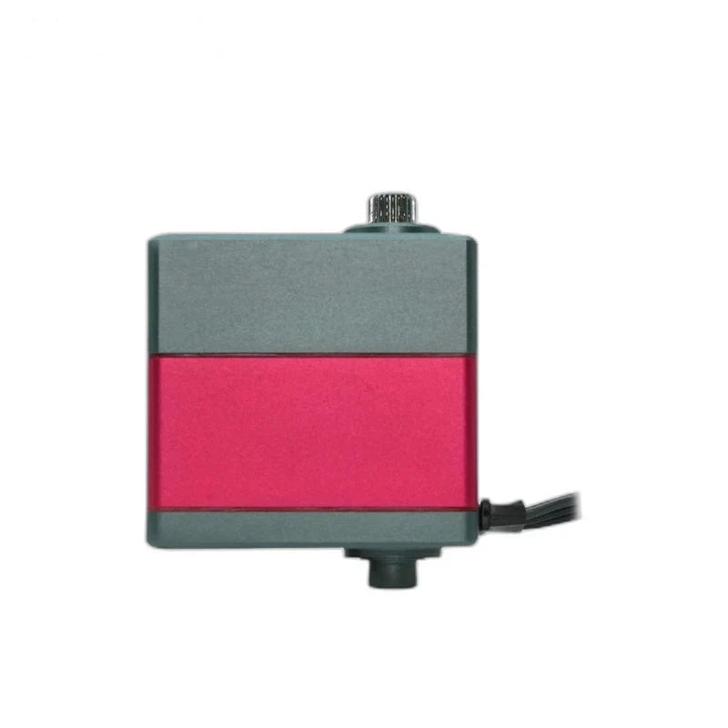 Side view of the red and gray-green servo with exposed splined shaft, lower projection, and cable exiting right.