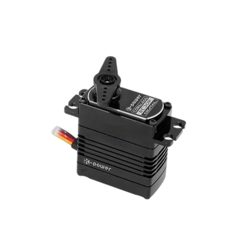 Black RC30P servo with a fitted two-arm horn, ribbed housing, mounting tabs, and a short multicolor wire lead.