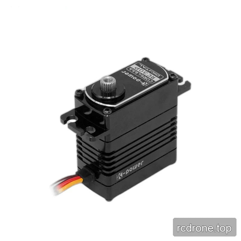 Angled black servo with an exposed splined shaft, ribbed side housing, mounting tabs, and multicolor wires exiting near the base.