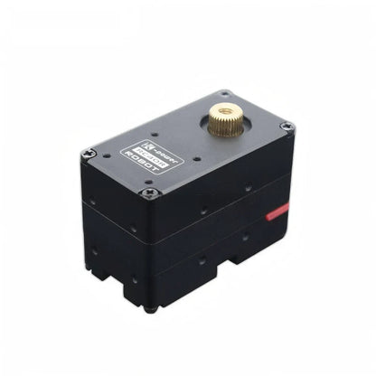 Black servo with brass-colored splined shaft, RC40R label, and mounting holes visible in an angled view.