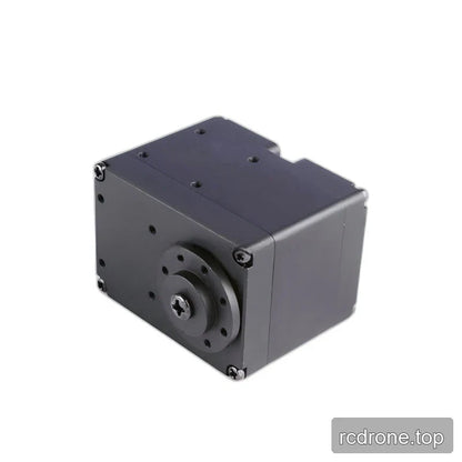 Angled black servo housing with a circular multi-hole flange secured by a central screw.