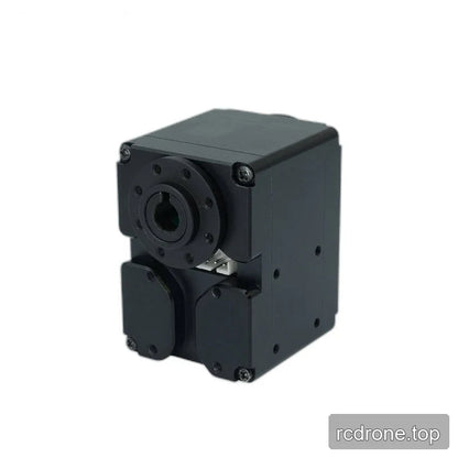 Upright black servo with an open-centered circular flange, twin lower covers, and a white connector visible beneath the flange.