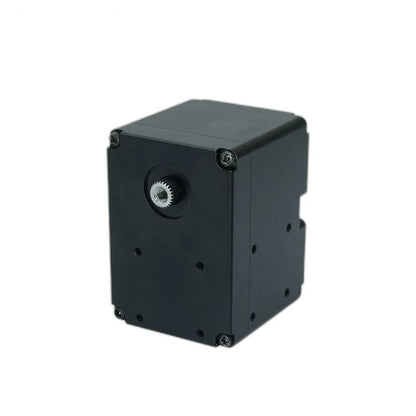 Upright black servo with a short silver-colored splined shaft, corner screws, and front and side mounting holes.